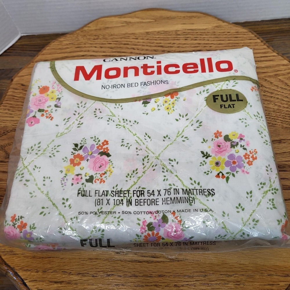 VTG Cannon Monticello Full Flat Top Sheet Made In USA Floral Print NOS No Iron